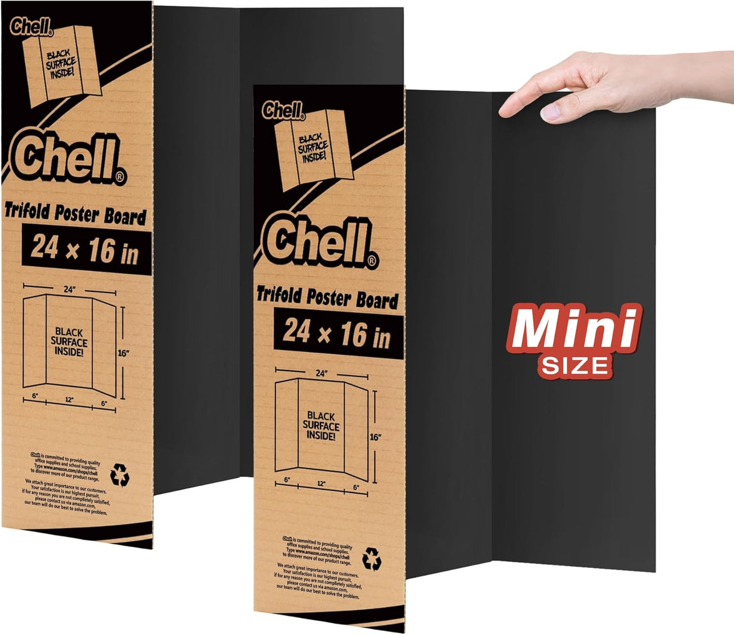Chell Mini Size Trifold Poster Board, 16" x 24", Small Corrugated Project Boards, Black, 2 Pack