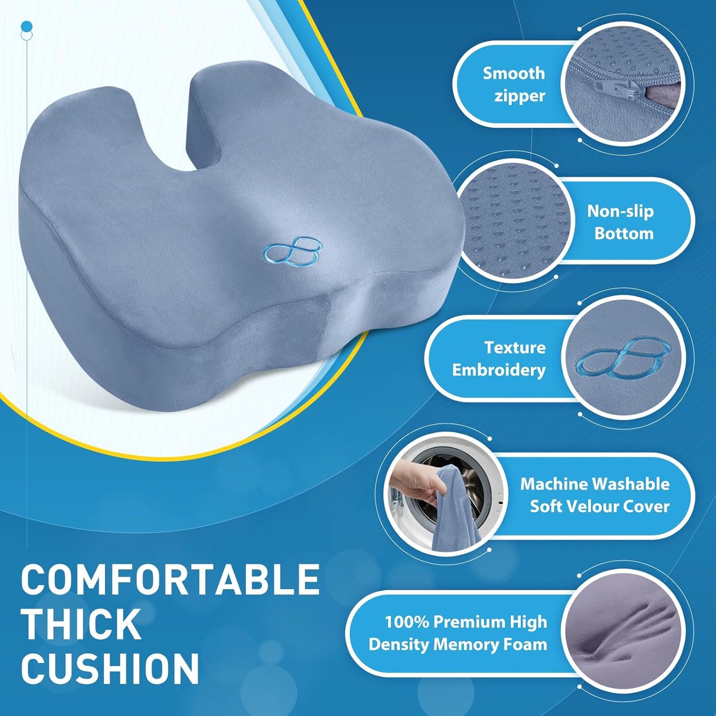 BlissTrends Seat Cushion,5.2in Thick Memory Foam Cushions for Office Chair, Car Seat, Airplane, Relieving Pressure Tailbone Sciatica Back Pain for Long Sitting Office Workers, Car Drivers LightBlue