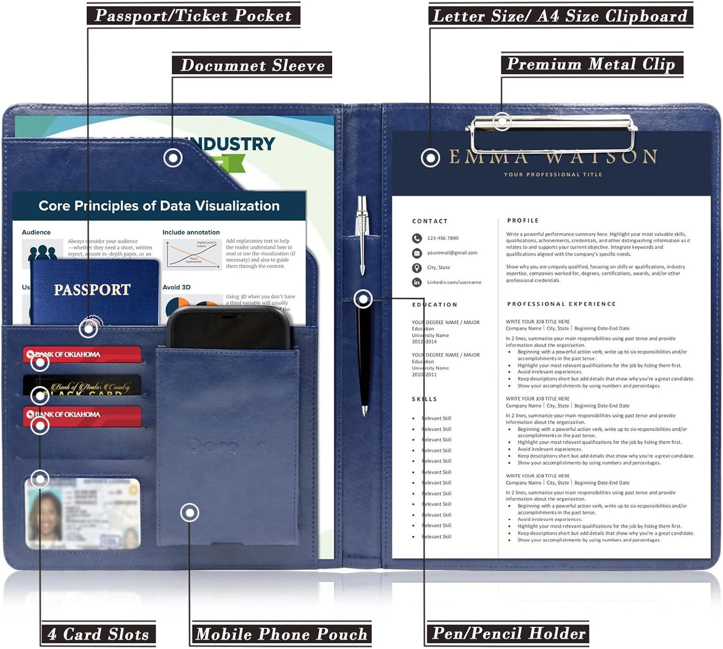 Darolin Business/Resume Padfolio Portfolio Folder with Letter/A4 Size Clipboard, Interview/Conference/Legal Document Organizer, Premium Portfolio Professional Case, Padfolio for Women/Men-Blue