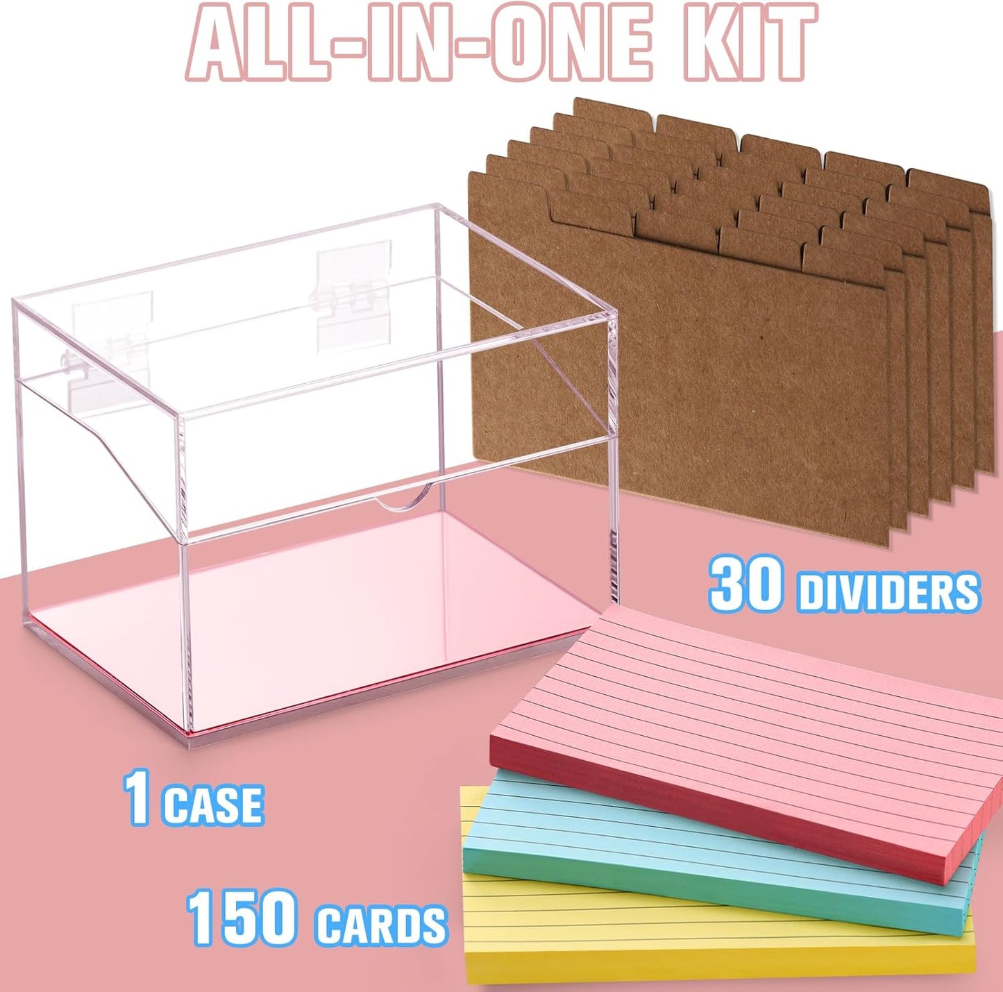 DLUGOPIS 3x5 Rose Gold Index Card Organizer Recipe Card Box Acrylic Flash Card Holder Index Card Box with Mirro Base 150 Ruled Lined Index Cards 30 Kraft Dividers Stickers For Holds 400 Note Cards