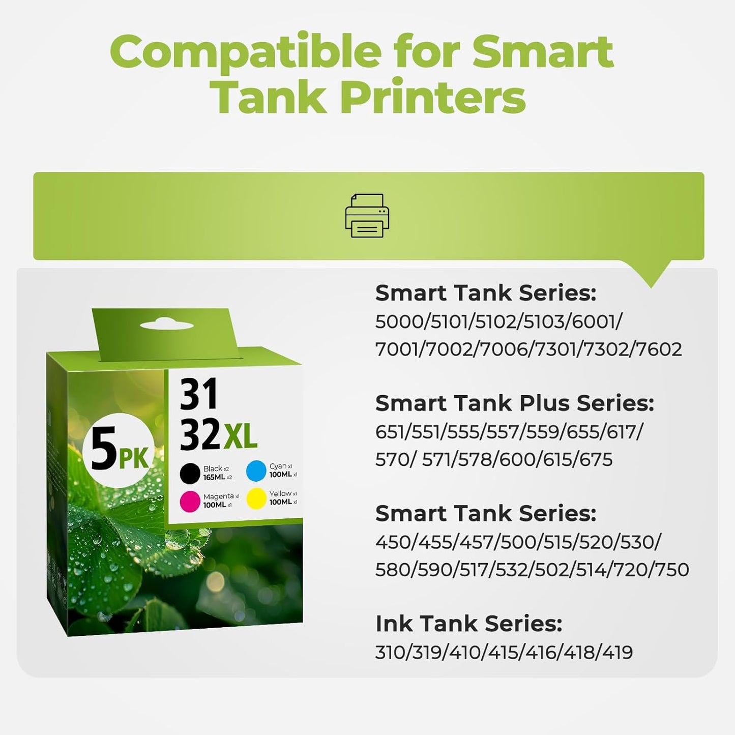 31 32XL Ink Bottle Set, Smart Tank 7602 5101 6001 651 Ink Refill Compatible with HP 31 Ink 32XL Black Ink Bottle Set for Smart Tank 5101 7602 5000 651 5103 6001 7301 7001 7302 5102 7002 7006 Printers