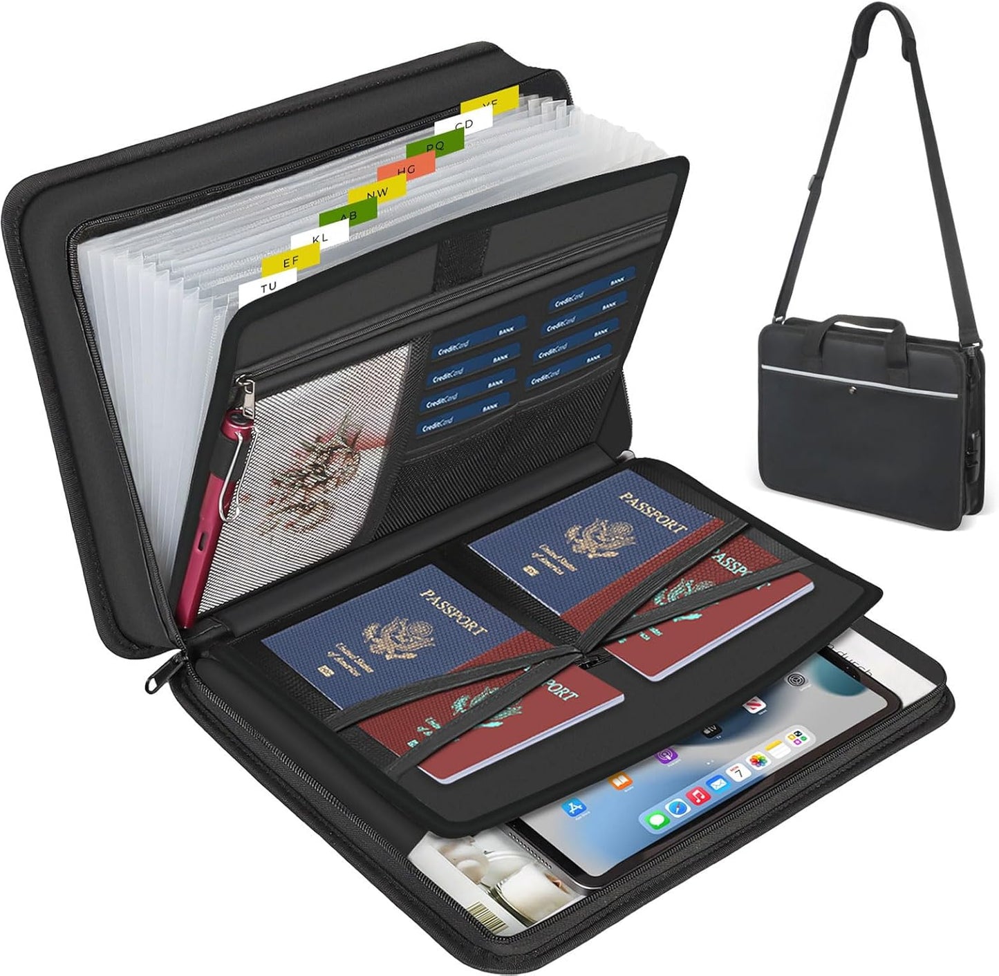 Accordion File Organizer with Lock and Shoulder Straps,Fireproof Waterproof Document Organizer Folder with Handle, Portable Large Capacity File Holder for Home Office School