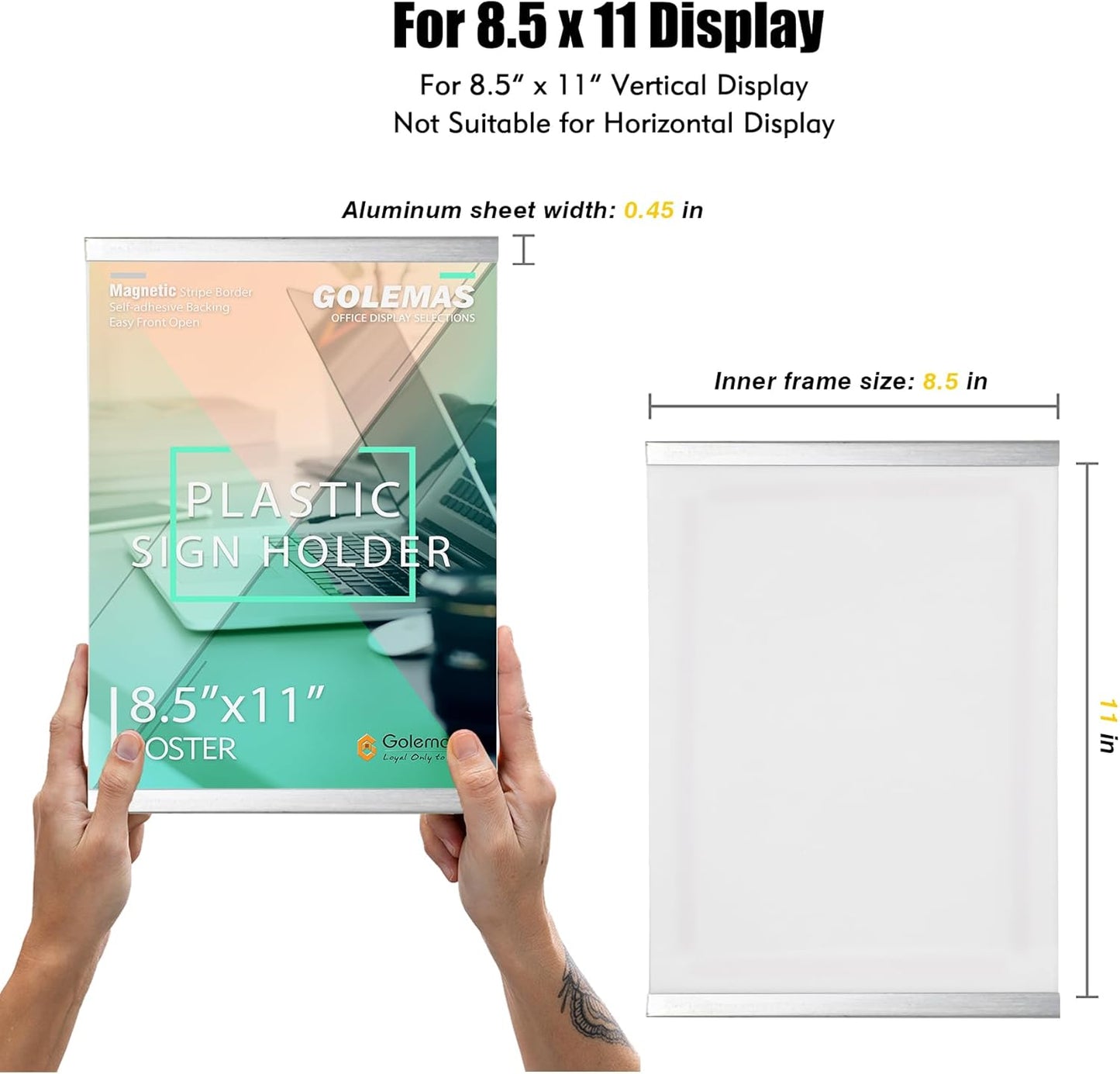 Acrylic Magnetic Sign Holder, Easy-Opening 8.5 x 11 Wall Mount Display Frames, Self Adhesive Back Plastic Clear Document Holder, Silver Aluminium Strips Frame (6Pack)