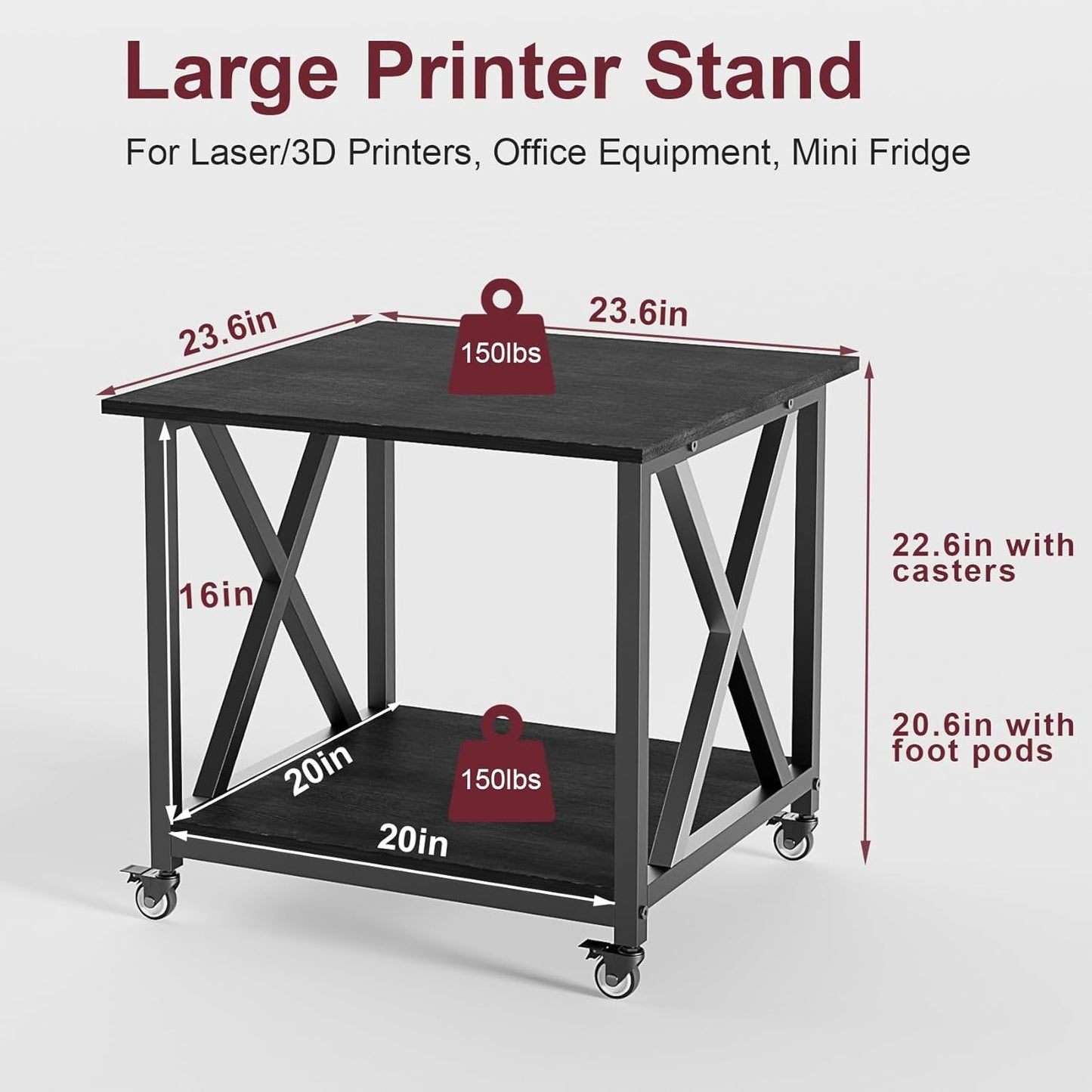 2 Tier Large Printer Stand, 23.6 x 23.6 Inches Printer Table with Storage Shelf, Rolling Printer Cart with Industrial Wheels for Home Office (Black)