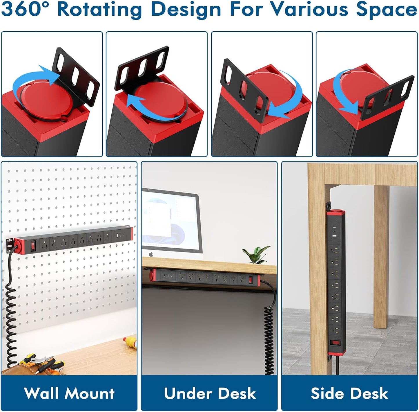 8 Outlet Surge Protector Power Strip,360° Rotatable Mounting,PD 20W USB C Fast Charging, Mountable Powerstrip Metal with 5FT Colied Cord for Home Office Industrial Garage Commercial