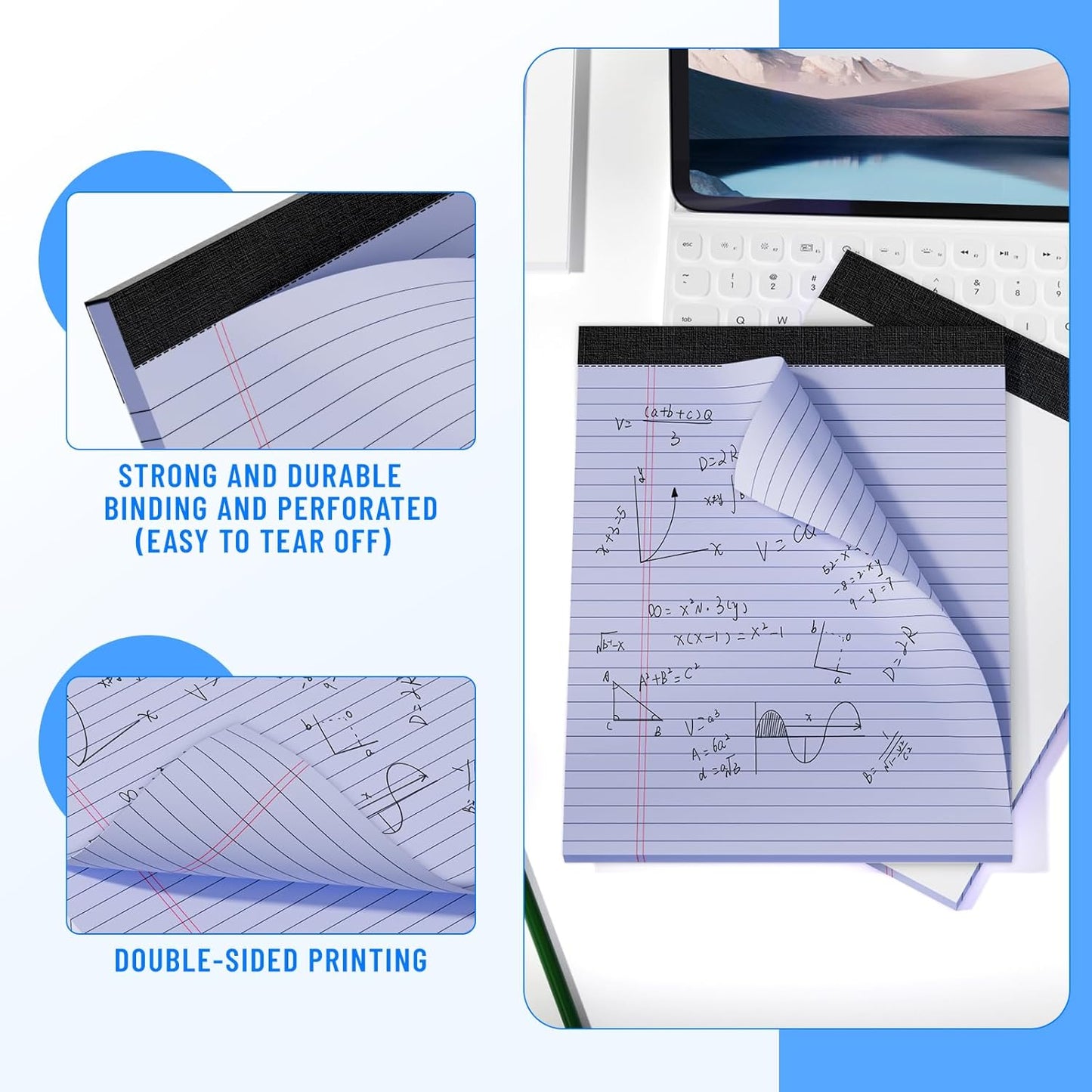 3pcsLegal Pads 8.5 x 11, Notepads 8.5 x 11 Inch, Purple Note Pads Clear Print Writing Pads of Paper, Memo Pads , Perforate Legal Notepads Paper , Wide Ruled Lined with Sturdy Back,30 Sheets/Pack