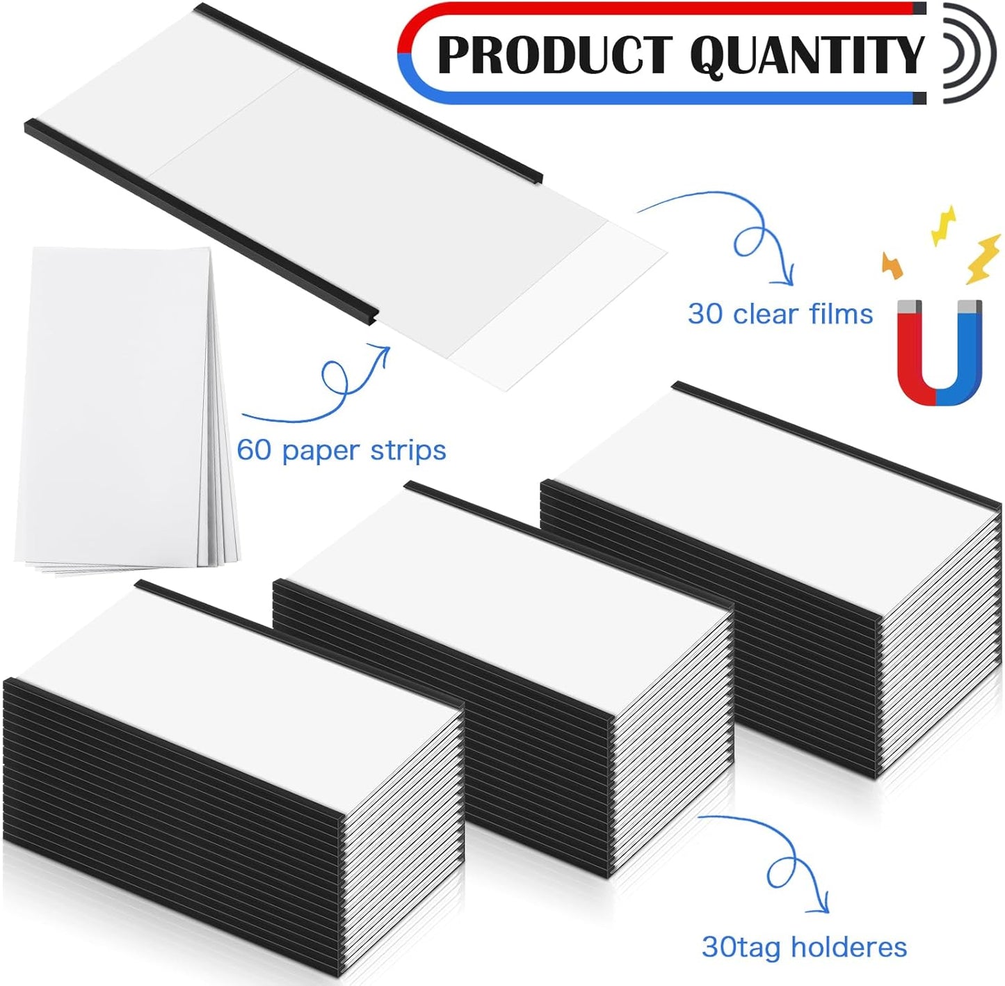 Glenmal 30 Pieces C Channel Magnetic Label Holders Set 3 x 5 Inch Magnet Shelf Label Holder with Protective Films and Replacement Strips for Metal Racks Whiteboard Name Tags