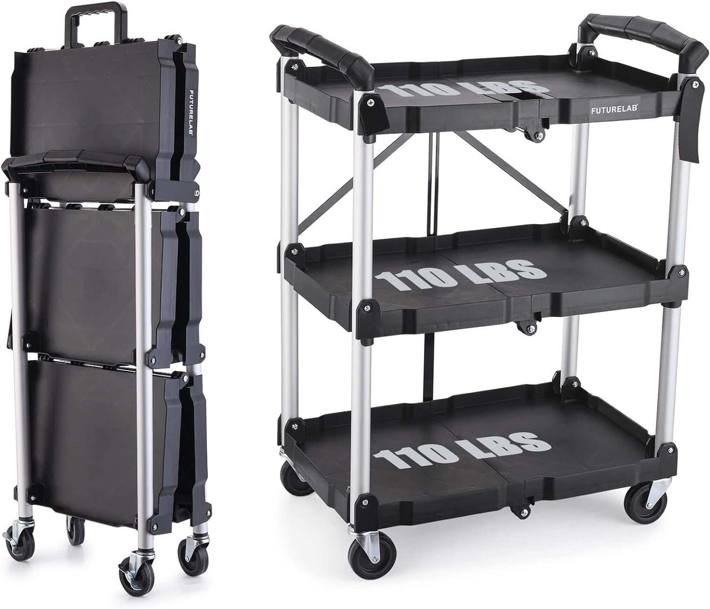 FUTURELAB Portable Folding Service Cart - 3 Tier 330LBS Capacity - Rolling Utility Foldable Cart with Wheels for Warehouse Home Workshops Garages Restaurants Offices
