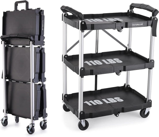 FUTURELAB Portable Folding Service Cart - 3 Tier 330LBS Capacity - Rolling Utility Foldable Cart with Wheels for Warehouse Home Workshops Garages Restaurants Offices