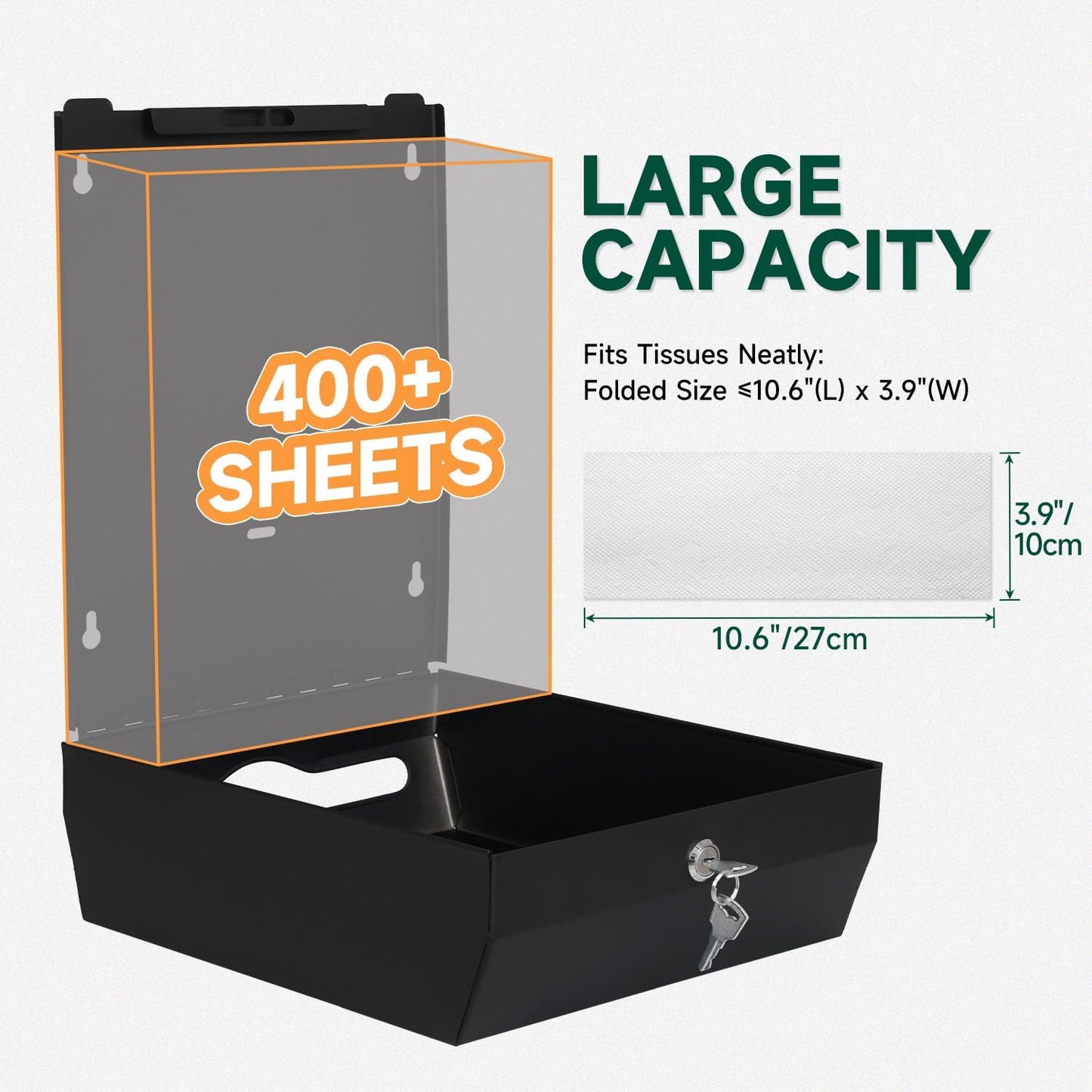 Commercial Paper Towel Dispenser Wall Mount 400-Sheet Capacity Matte Black Stainless Steel Lockable Fits Multifold/Z-Fold Towels (Folded Size ≤ 10.6" x 3.9")