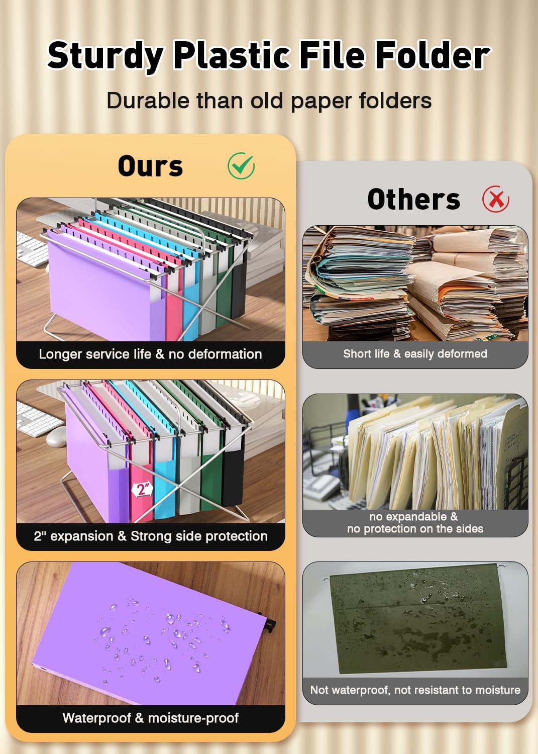 Extra Capacity Legal Size Hanging File Folders,12 Pack Reinforced Plastic Hanging Folder, Heavy Duty 2 Inch Expansion, Filing Cabinet Folders for Bulky Files, Medical Charts, Colorful