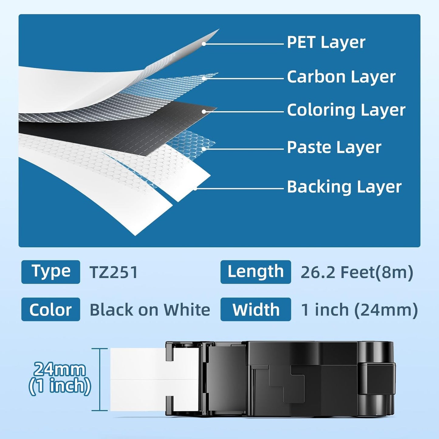 Airmall TZe-251 Compatible with Brother Label Maker Tape 24mm .94 White Replacement for Brother P-Touch Label Tape TZe251 TZ-251 Black on White 1 Inch for PT D610BT D600 700 P710BT PTP750W, 4-Pack