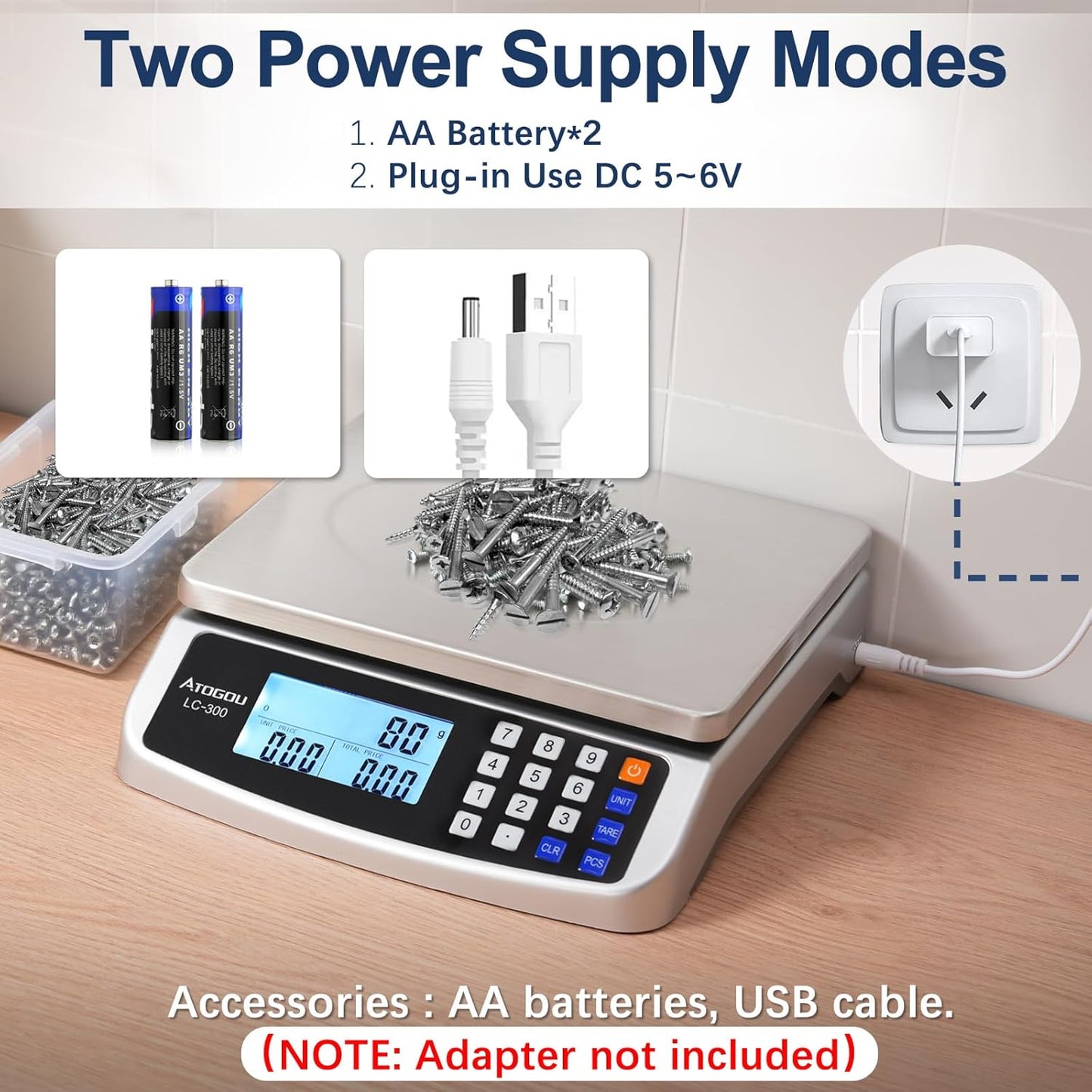 66lb Food Scale, Commercial Kitchen Scale with Price Computing, Plug-in Usable, 0.05oz/1g, 304 Stainless Steel, for Cooking, Vegetables, Farm, Industry, Counting. LC300 Silver