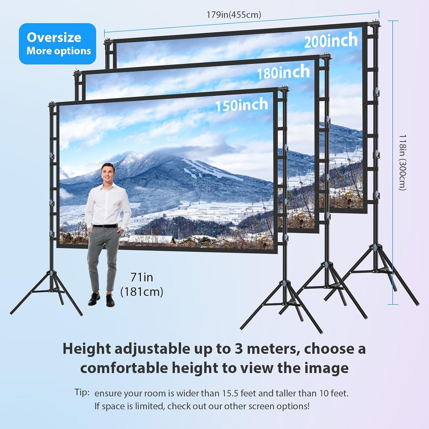 200 Inch Projector Screen with Stand: VOOPVOR 16ft Portable Large Projection Screen and Stand Outdoor - Front/Rear Movie Screen Indoor 16:9 4K HD - Wrinkle-Free & Carry Bag for Backyard Cinema