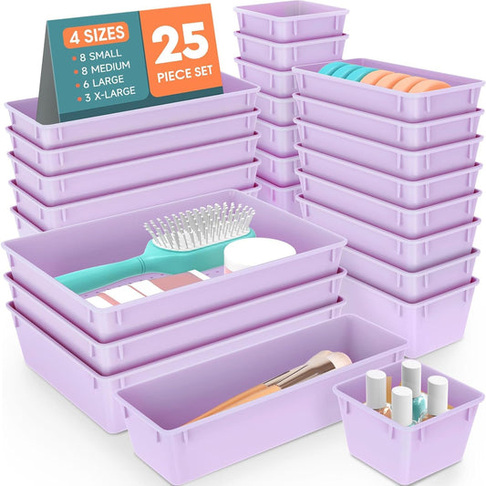 25 PCS Plastic Drawer Organizer Set, 4-Size Versatile Organizer Trays & storage Bins for Makeup, Jewelry, and Gadgets in Bathroom, Bedroom and Office, Purple