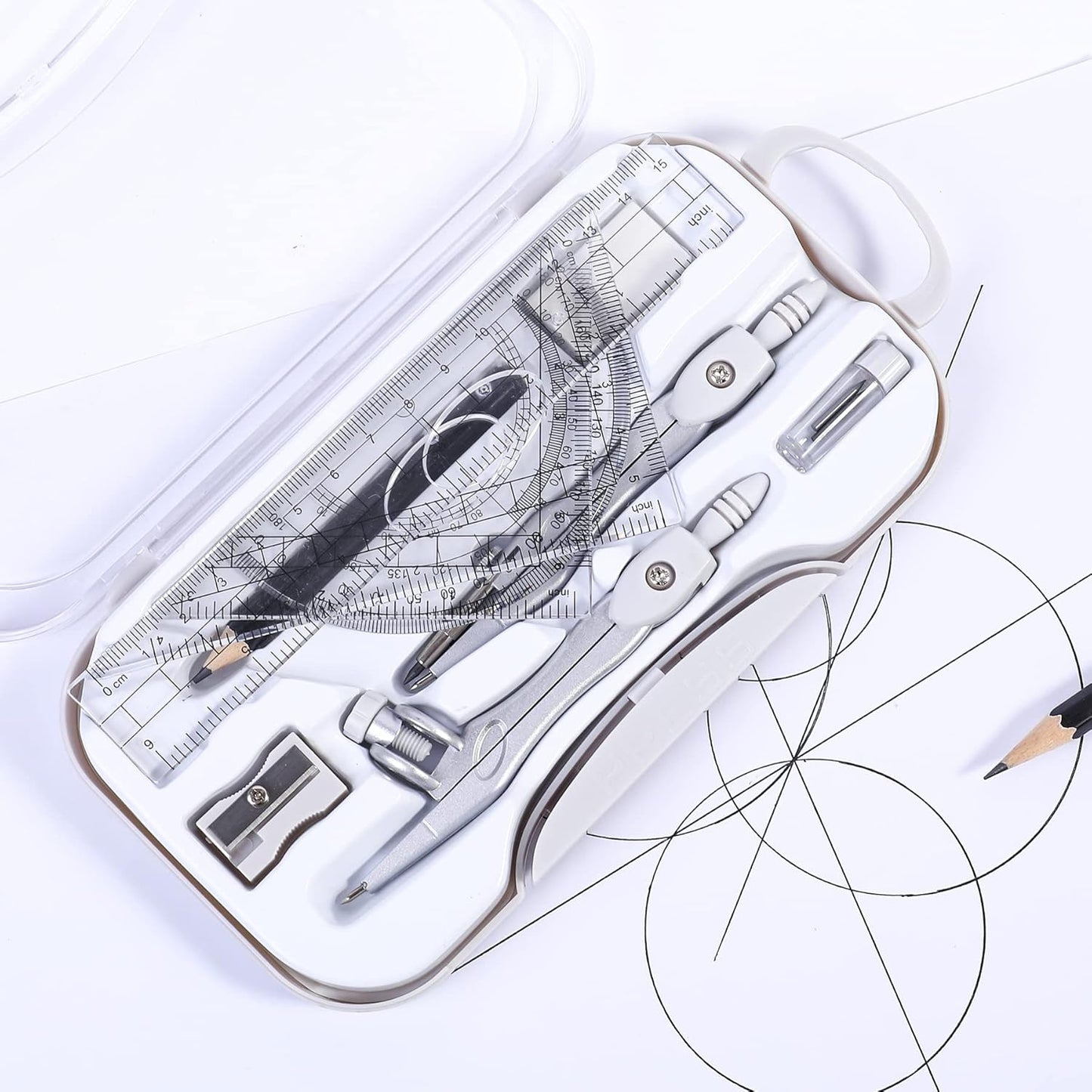 10 Pieces Math Geometry Kit Set Student Supplies with Shatterproof Storage Box,Includes Rulers,Protractor,Compass,Eraser,Pencil Sharpener,Lead Refills,Pencil,for School and Drawings（Grey）