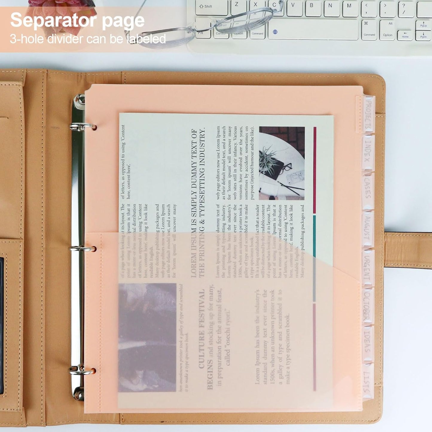 8 tab dividers for 3 Ring Binder with Pockets, Plastic Dividers with Clear Front Pocket, 8-tab Index Dividers with 3 Holes Punched for School & Office Supplies (Light Orange, 8 Tabs)