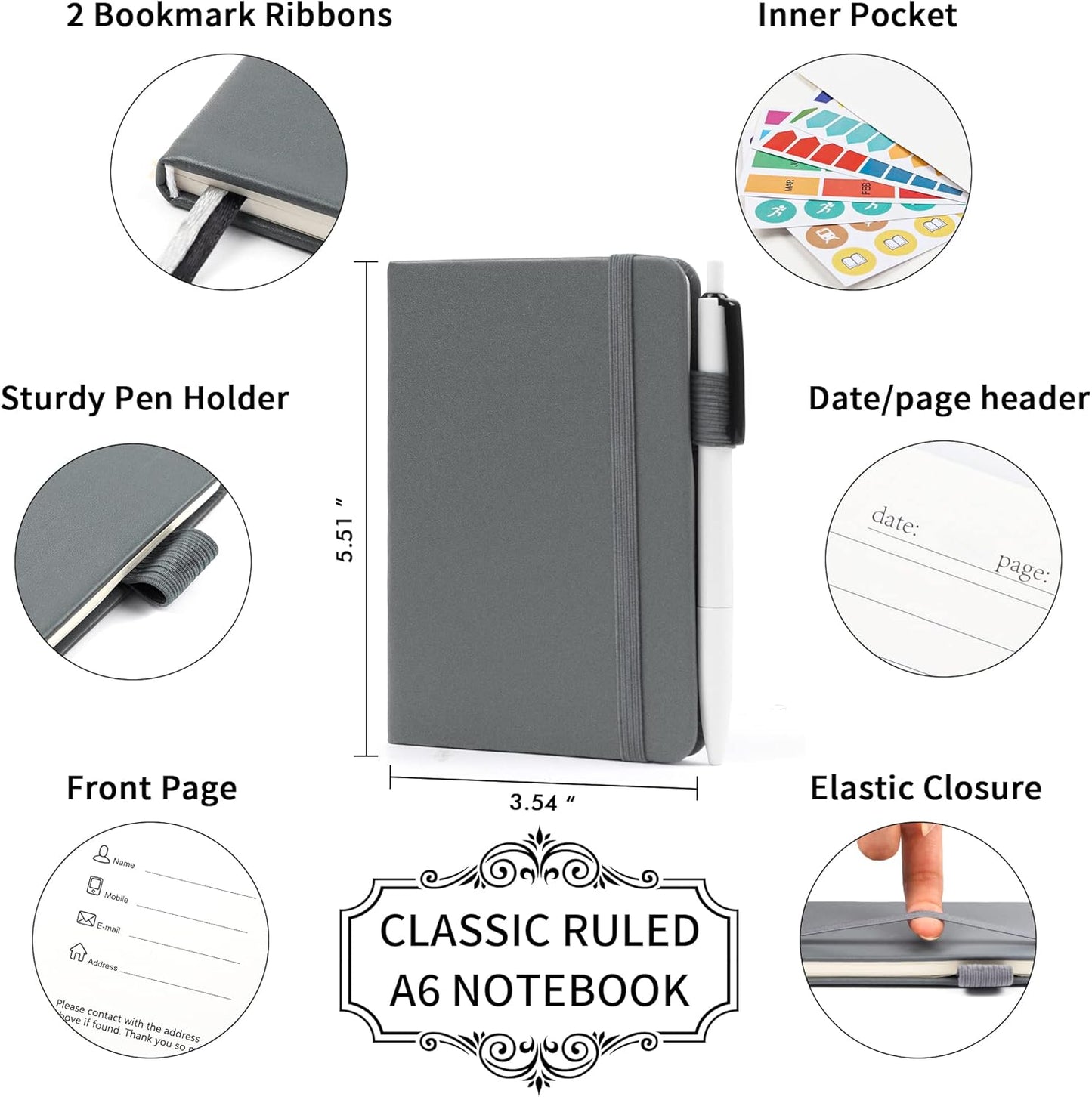 feela 6 Pack Pocket Mini Notebooks Bulk, Small Cute Memo Notepads Hardcover College Ruled Lined Journals with Pen Holder for School Business Work, with 6 Black Pens, 3.5”x 5.5”, A6, Gray
