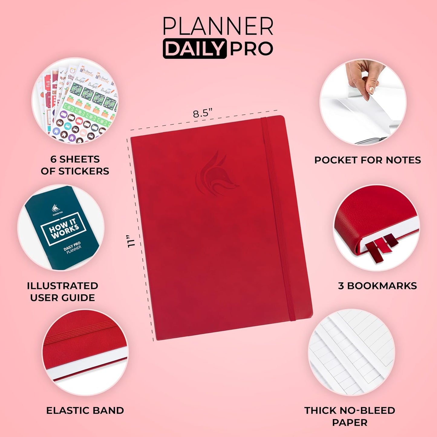 Clever Fox Planner Daily PRO - 8.5 x 11" A4 Size Daily Life Planner and Gratitude Journal to Increase Productivity, Time Management and Hit Your Goals - Undated - Lasts 3 Months (Red)