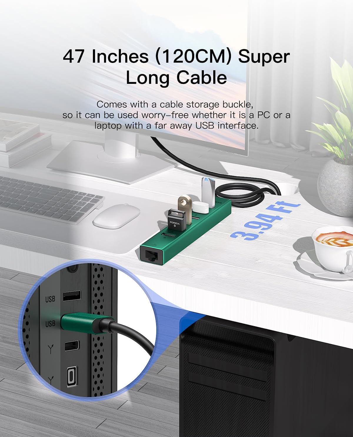 7 Ports USB 3.0 Hub, USB to Network HUB with 3.9ft Long Cable for Laptop, USB Splitter with Gigabit Ethernet Port and 5V/3A Power Port, MultiPort Aluminum Hub for iMac, PC, Flash Drives (Green)