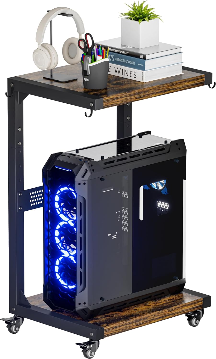 Computer Tower Stand, 2-Tier Metal CPU Holder Stand with Lockable Wheels, Adjustable Under Desk PC Shelf, Mobile Rolling Computer Cart for Home, Office, Gamers and Students, Black