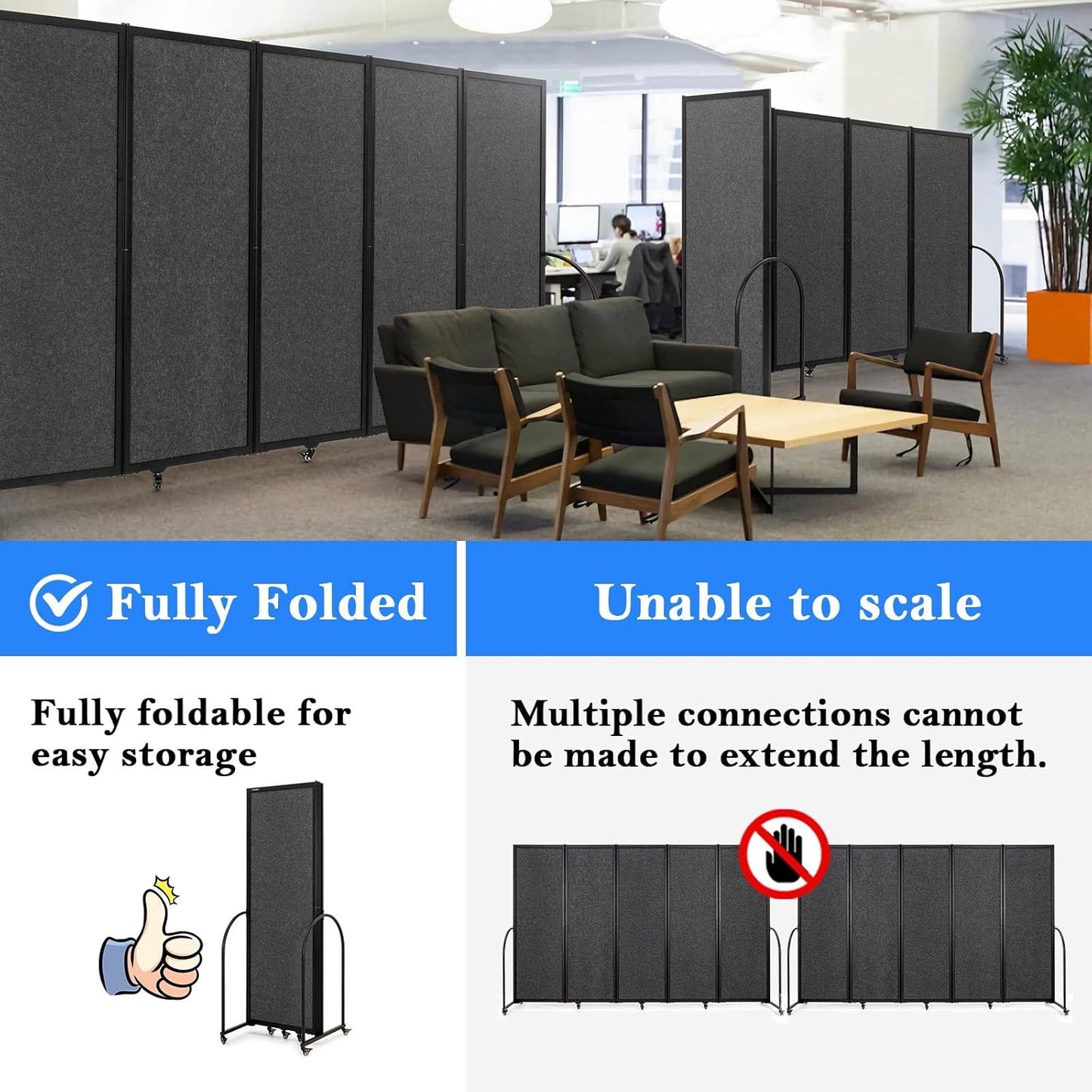 Folding Room Partition,Privacy Room Screen with Arms,Office Dividers Partition Wall,10'2"L* 6'7"H,Dark Grey
