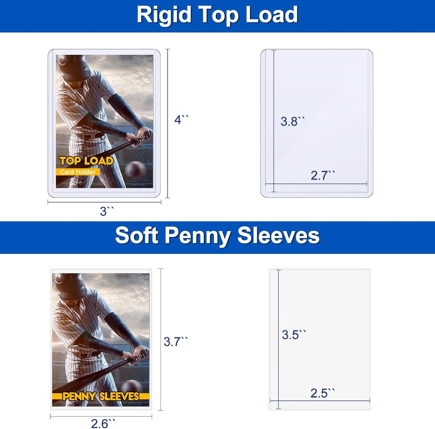 100 Toploaders for Cards and 100 Soft Card Sleeves, Sooez 35 PT Top Loaders Card Protectors, 3" x 4" Hard Plastic Penny Sleeves for Baseball, Football, and Game Collectible Trading Cards