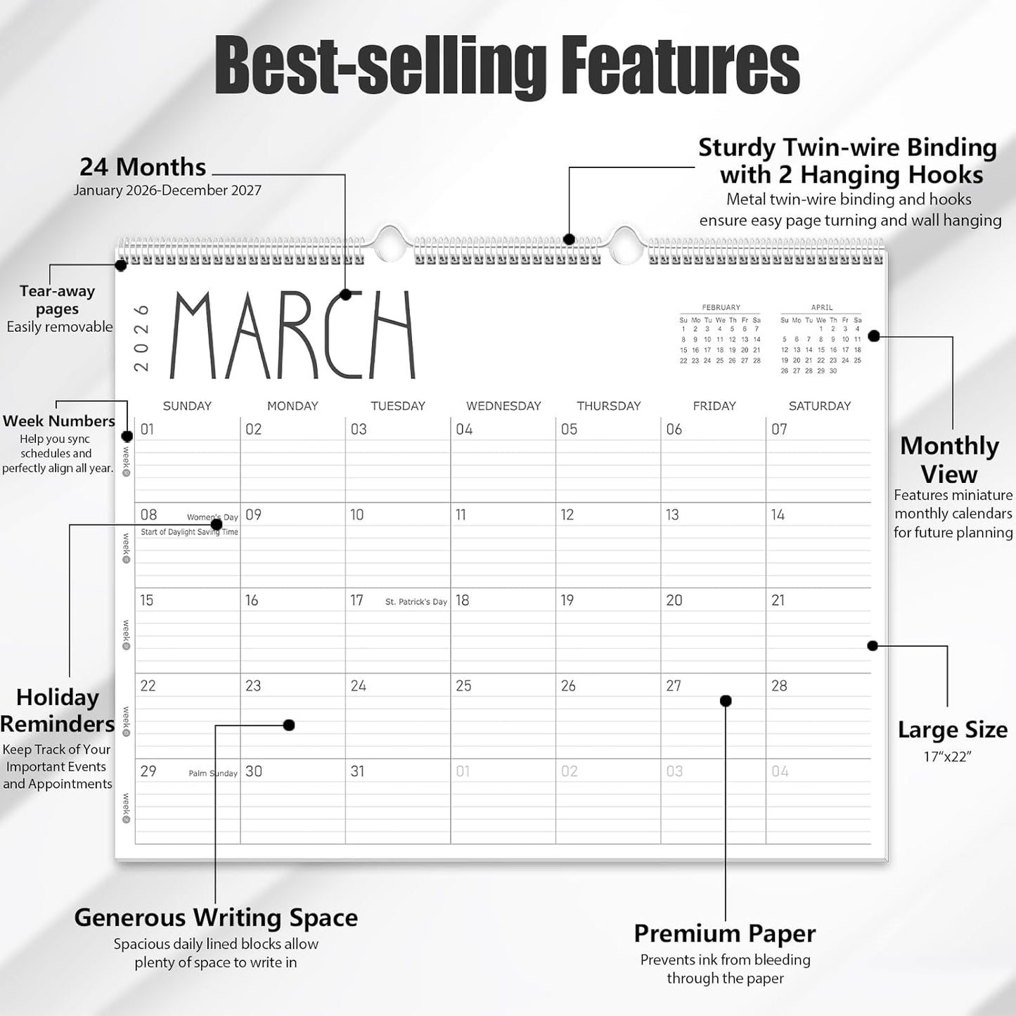 GuassLee Large Wall Calendar 2026-2027, 24-Month 22" x 17" Wall Calendar from Jan. 2026 to Dec. 2027, Large Desktop Hanging Monthly Planner with Thick Paper, Ruled Blocks for Home School Office