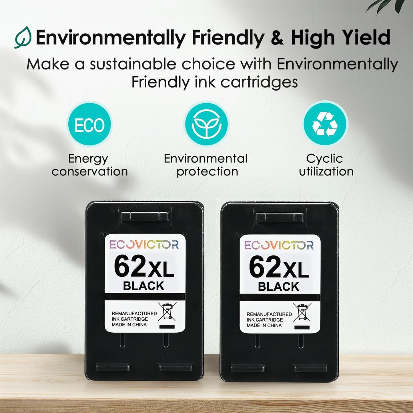 EcoVictor Remanufactured 62XL Ink Cartridges (2 Black) Compatible for HP Ink 62 62XL HP62 for Envy 5540 5542 5545 5640 5642 5660 5665 7640 7645 OfficeJet 5740 5742 5745 8000 8040 200 250 Printer 62 XL
