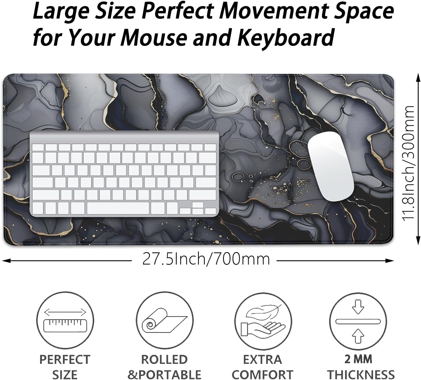 Dark Marble Desk Pad Mouse Pad,Large XL Retro Mouse Mat with Stitched Edges,Non-Slip Rubber Base Mousepad for Office PC Keyboard Laptop and Home Work Desk Mat(27.5X11.8 in)