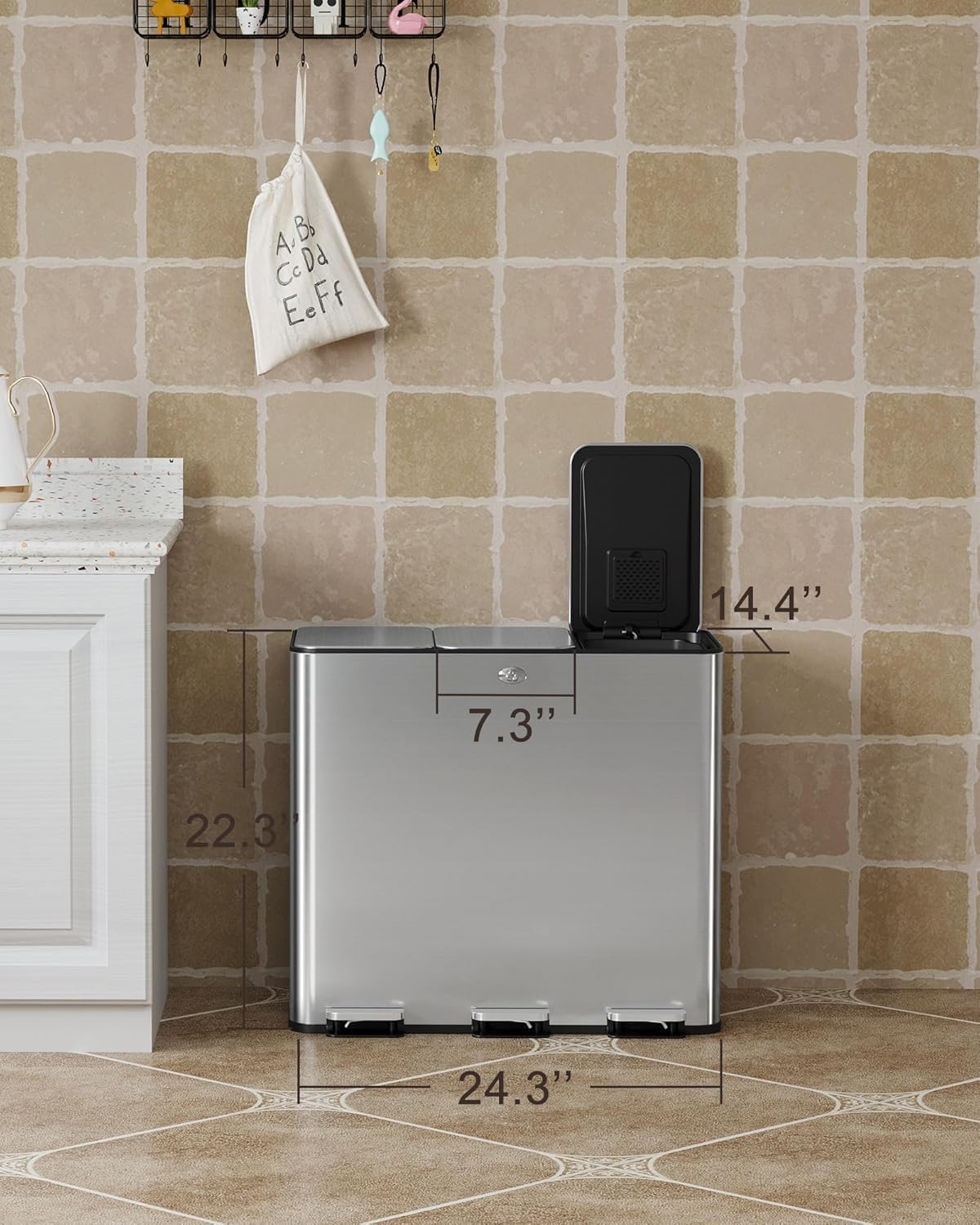 60L/15.9 Gal Gallon Three-Compartment Pedal Stainless Steel Kitchen Recycling Trash Can with Odor Seal, Hands-Free Foot Operated Waste Bin for Home, Office, Restaurant, School, Hospital