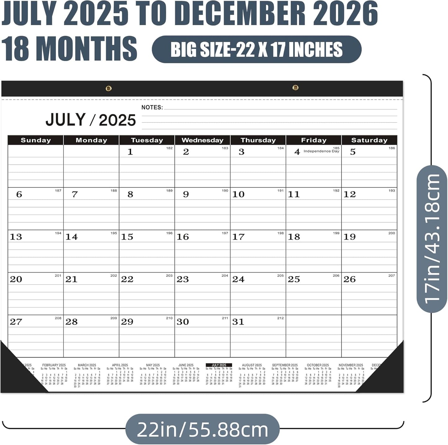 Desk Calendar 2025-2026 large 22 x17 (July 2025-December 2026) 2025-2026 Desk Calendar Large 22 x17,Classic Black Calendar 2025,Large Desktop Calendar 2026 with Plastic Cover