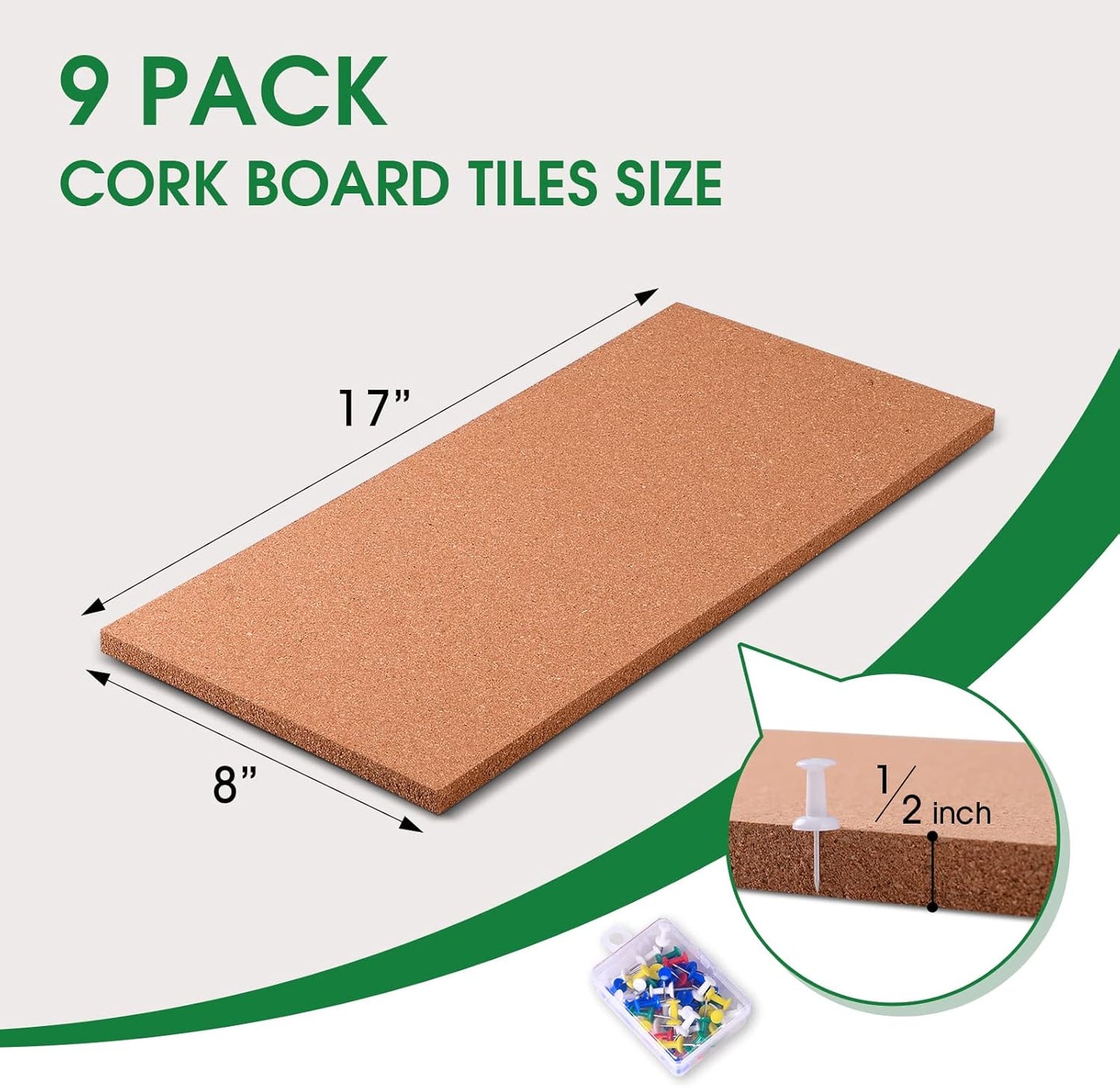 9 Pack Cork Bulletin Board 17"x8" - 1/2" Thick Cork Board Tiles,Self-Adhesive Frameless Cork Tiles Wall Decor with 50 PCS Pushpins for DIY, Office, School and Home Decor