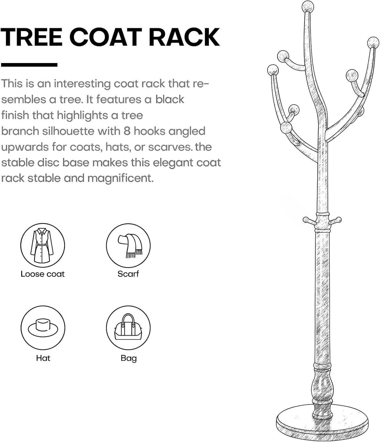 Coat Rack Freestanding Coat Tree with Sturdy Round Base, Unique Coat Hanger Stand, Heavy Duty Standing Coat Rack Clothes Stand for Winter Jacket, Hat, Entryway/Hallway/Bedroom, Black