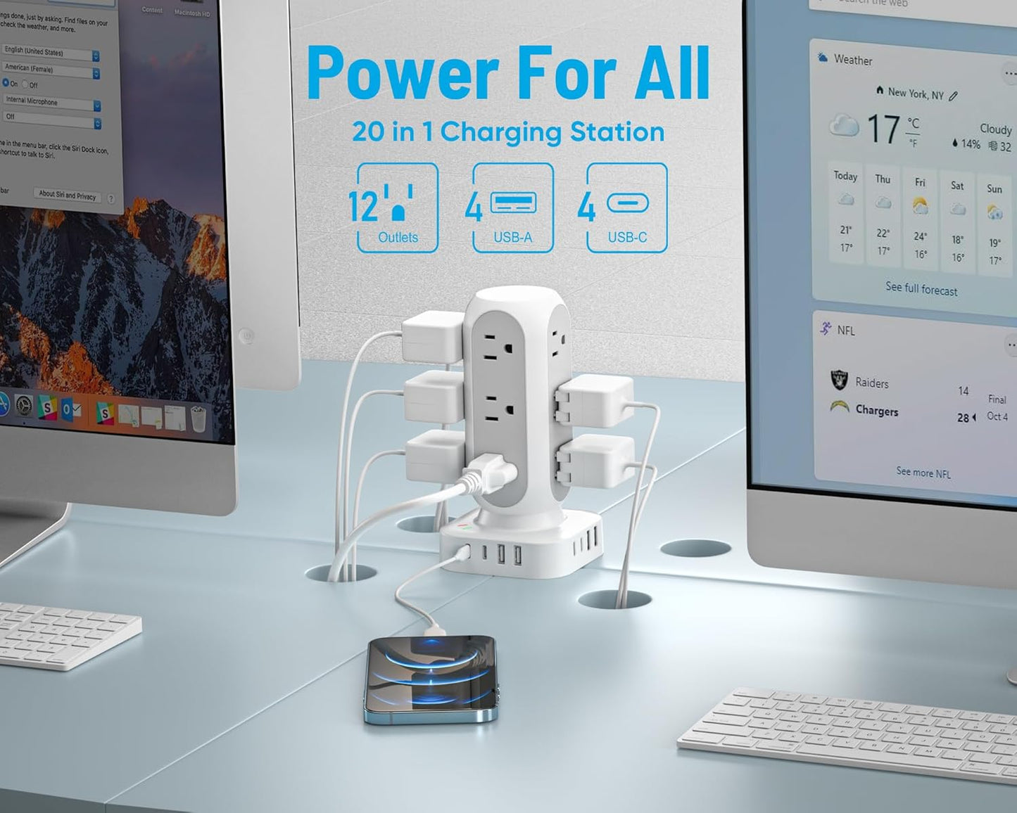 Flat Plug Power Strip Tower, 40W Total Fast Charging Station, Dual PD 20W USB-C Surge Protector with 12 AC Outlets and 8 USB Ports (4 USB C), 15FT Extension Cord for Home Office Dorm Room