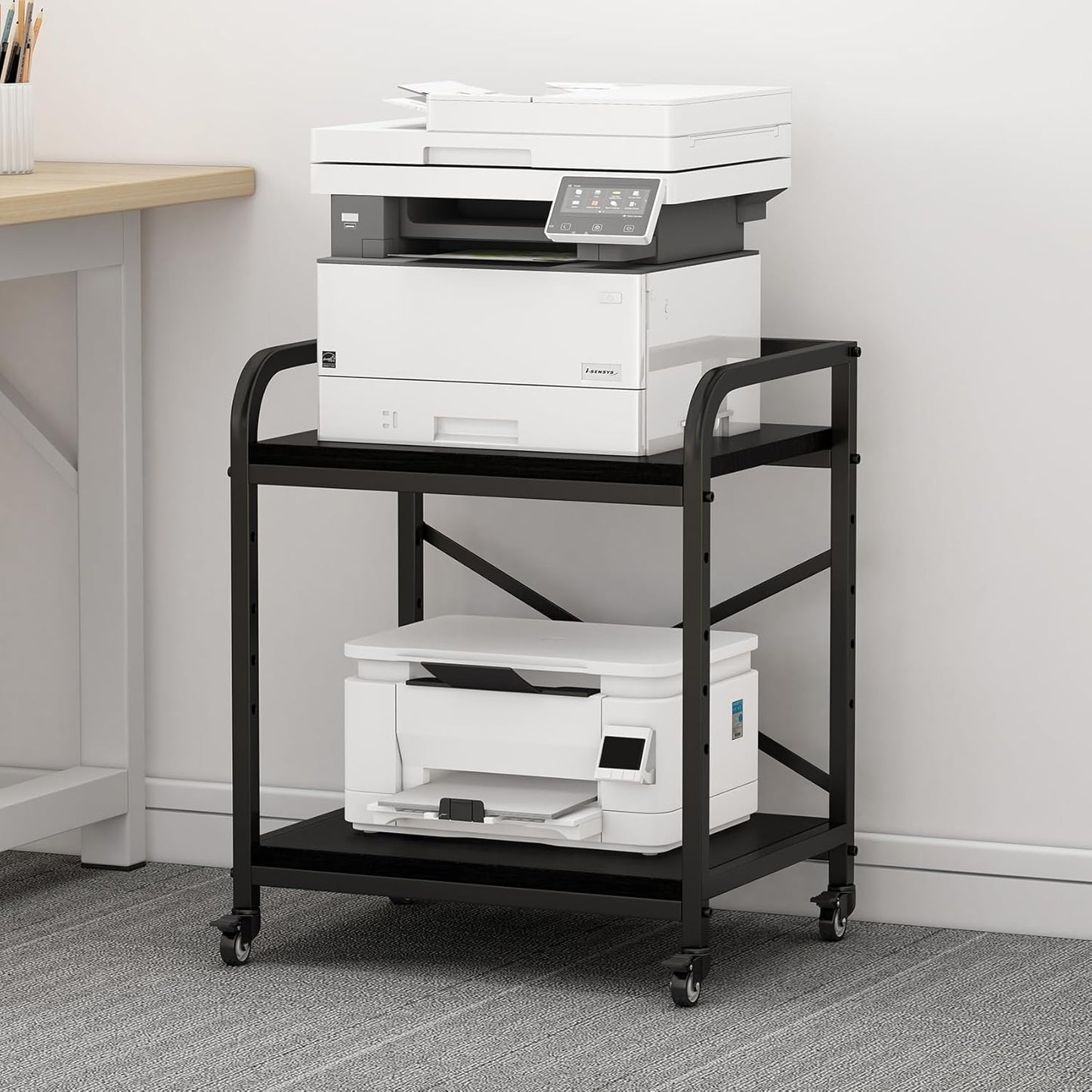2 Tier Large Printer Stand, 20 x 20 Inches Printer Table with Storage Shelf, Rolling Printer Cart with Wheels for Home Office, Scanner Fax (Black)