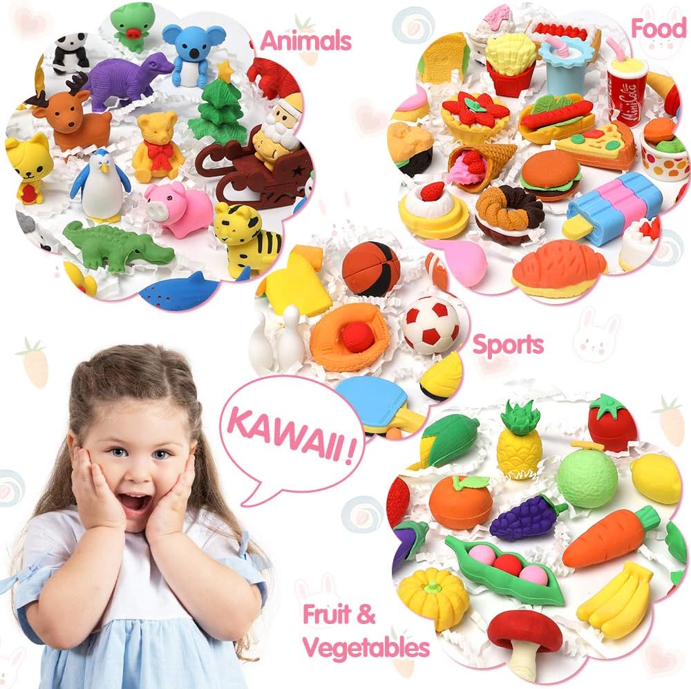 50 Pack Pencil Erasers Animal Eraser for Kids Puzzle Erasers 3D Mini Food Sport Fruit Take Apart Eraser Classroom Rewards Game Prizes Treasure Box Party Favors for Kid Gifts Easter Egg Fillers