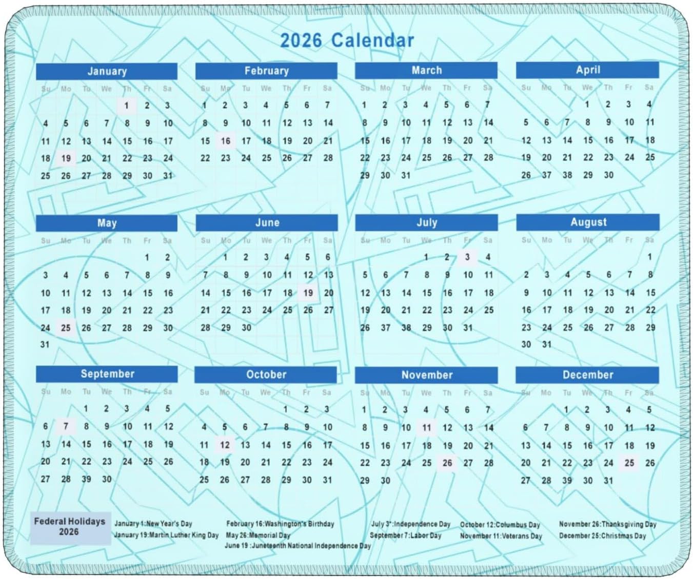 2026 Calendar Mouse Pad Geometry, Calendar with Holidays Mouse Pads, Non-Slip Rubber Base Mousepad for Office Desk Computers Laptop
