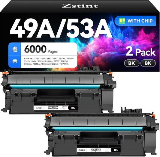 49A 1320 Toner Cartridge 2-Pack Replacement for 49A Q5949A 53A Q7553A 49X Q5949X 53X Q7553X Toner Compatible with HP Laserjet 1320n 3390 1160 1320tn 1320nw 3392 P2014 P2015 P2015dn MFP M2727nf Printer