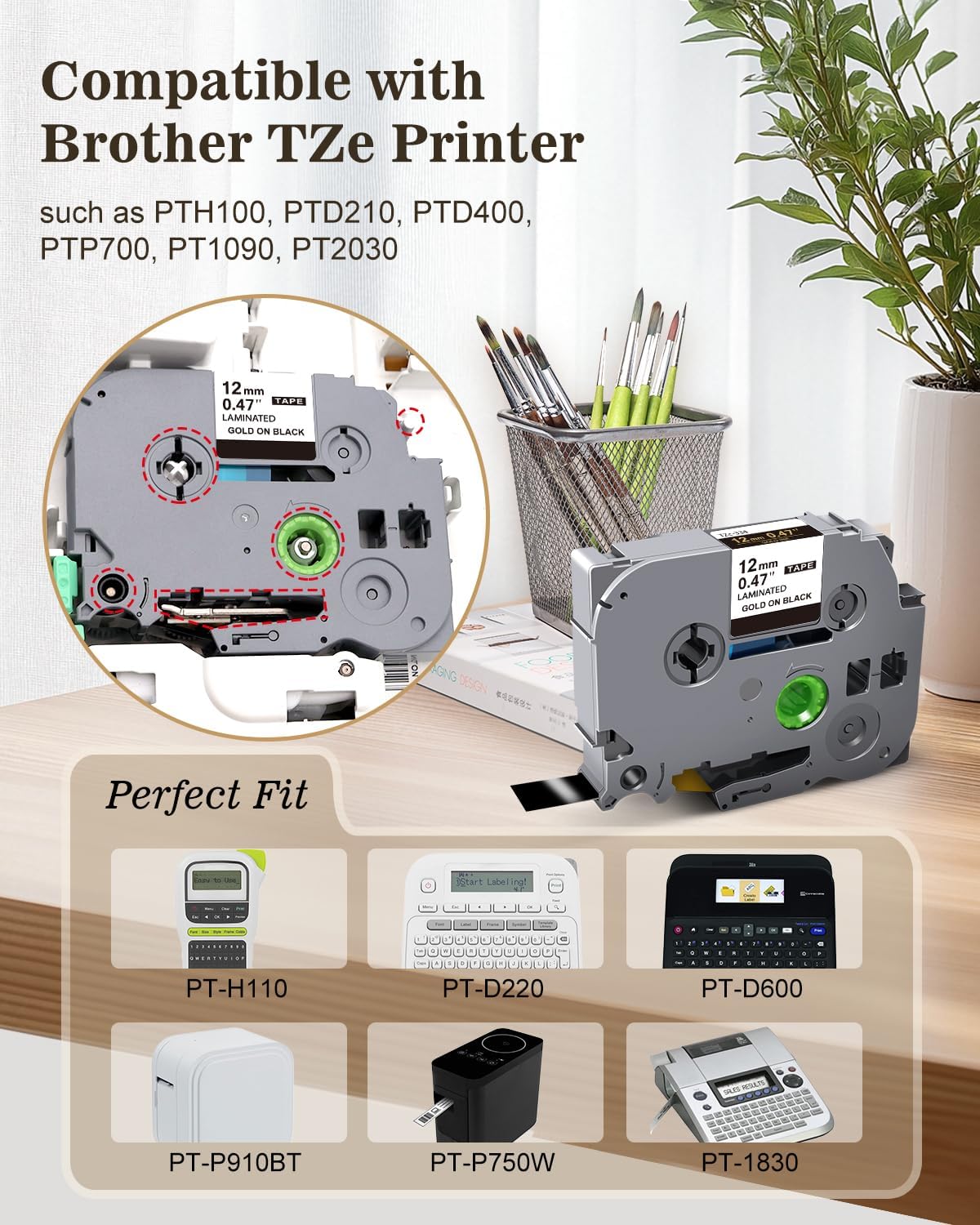 3-Pack 12mm Tz Tape Gold on Black Compatible with Brother P Touch Label Tape Tze-334 Tz Tape 12mm 0.47" Laminated Black, Work for Brother P Touch Label PT-D210 PT-H110 PT-D600 PT-D400 PT-1180