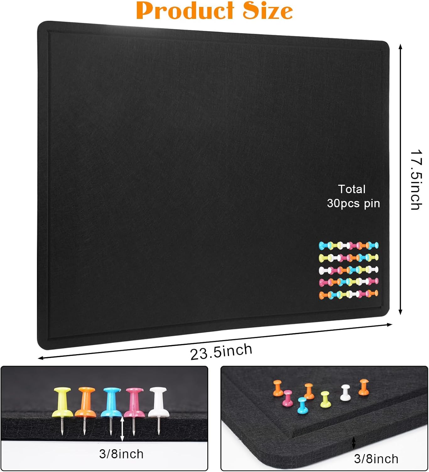 Bulletin Board, 23.5 X 17.5 inches Cork Board with 20 Pushpin, Felt Cork Board Notice Pin Board, Self-Adhesive Vision Board Mood Board Foldable Photo Board for Wall - Black