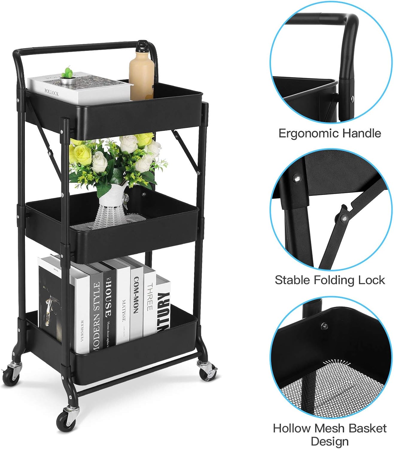 Foldable 3 Tier Metal Utility Rolling Cart, Folding Mobile Multi-Function Storage Trolley Organizer Cart for Home Library Office(Black)
