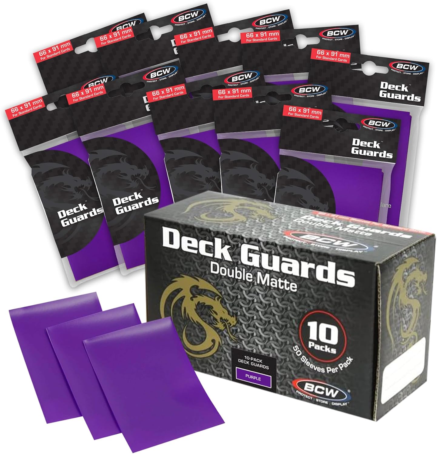 BCW Deck Guard - Double Matte Card Sleeves | 500 Count Box (10 Packs of 50 Sleeves) |Acid-Free, No PVC | Fits 2.5" x 3.5" Game Cards | Archival Safe Sleeves for Card Protection (Purple)