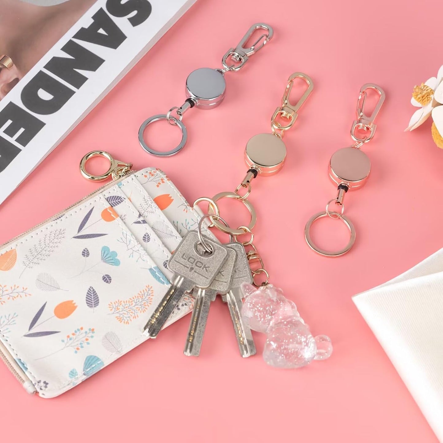 bolimoss Retractable Keychain, 3 Pcs Badge Reels for Name Card, Metal Badge Holders with Key Chain, Carabiner Badge Clip Key Ring (Silver, Rose Gold, Black)