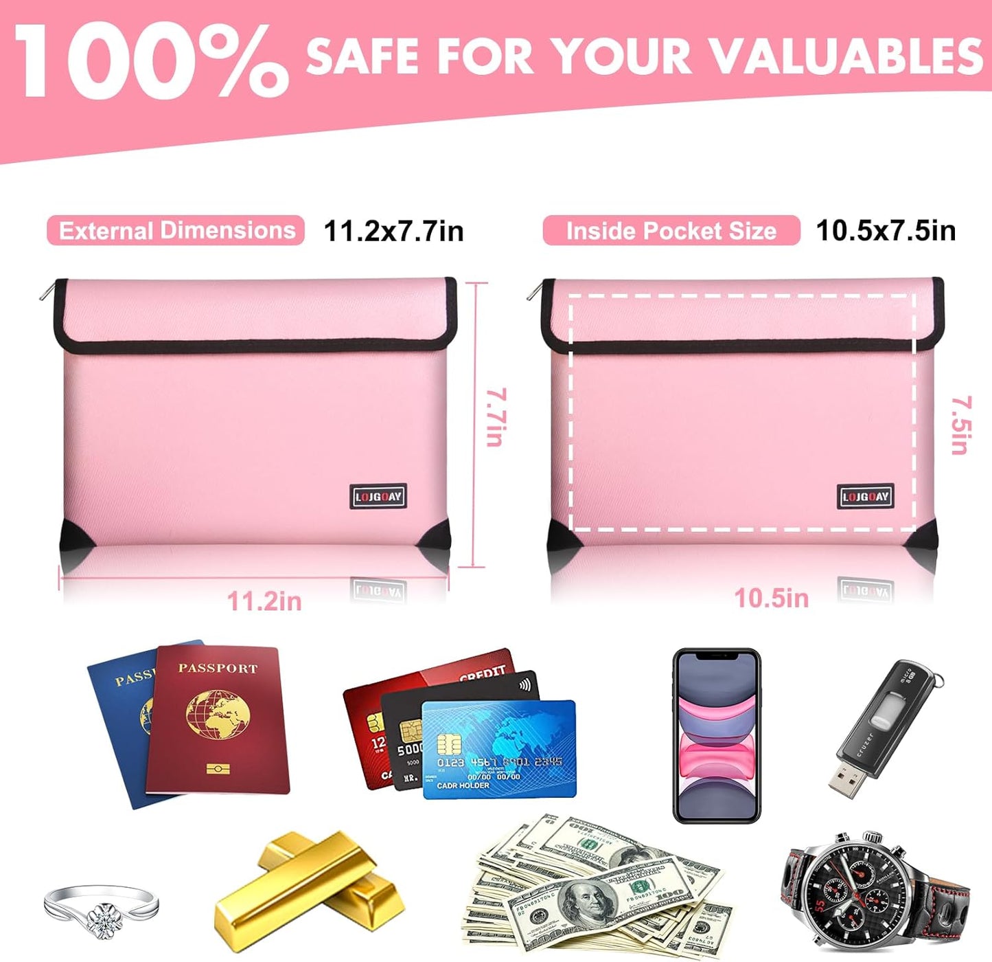 Fireproof Bag with 5200℉ Thermal Insulated, Waterproof Fireproof document bag with Zipper, Fireproof Money Bag for Cash, Fireproof Safe Bags for Home Safe Bank Valuable Documents (Pink, 11"x7.7")