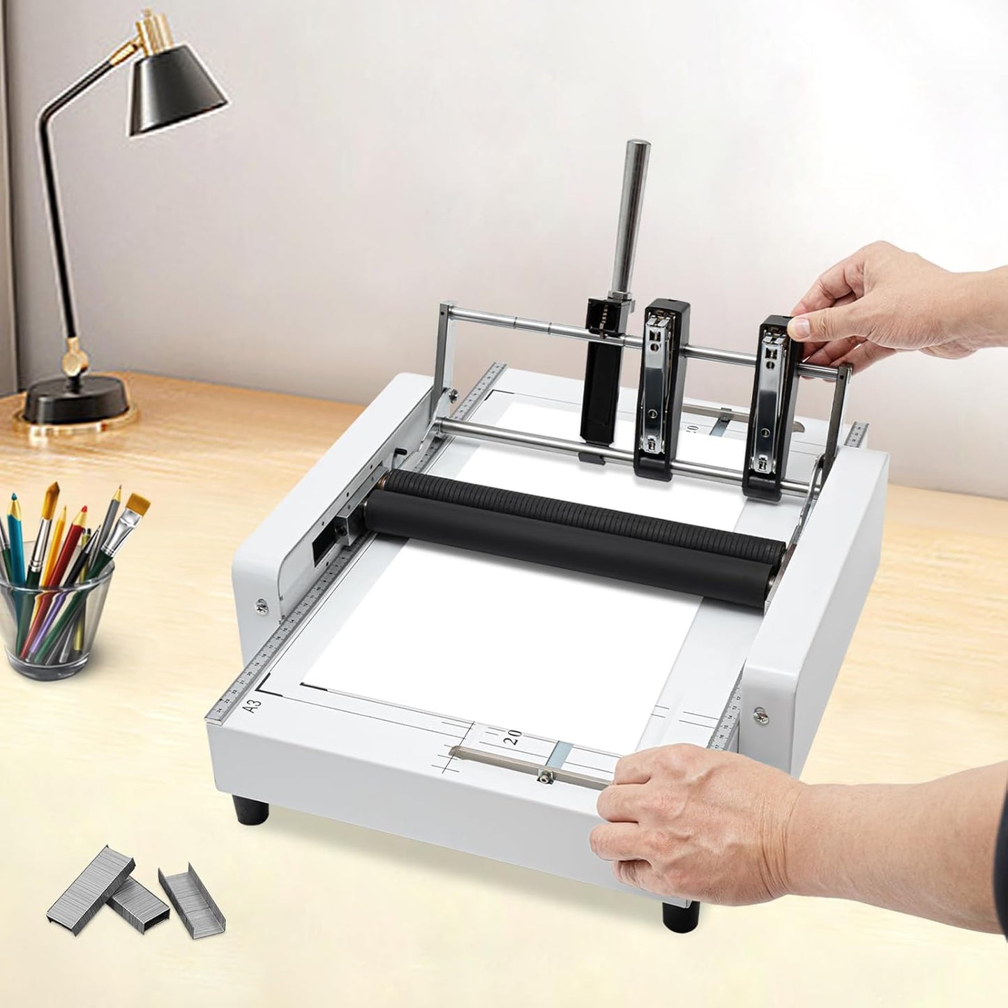 Booklet Folding Binding Machine, A3 110V Paper Folding Machine 2 in 1 Multifunctional Automatic Book Maker Stapling for Schools Print Stores Offices & Factory