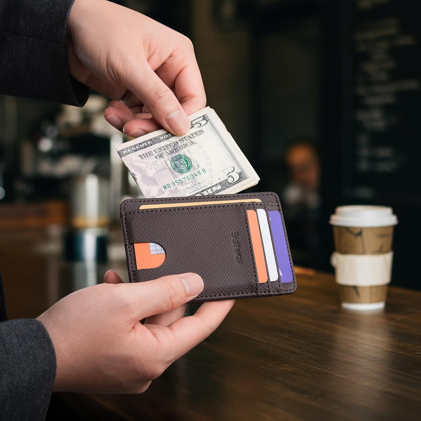 Buffway Slim Minimalist Front Pocket RFID Blocking Leather Wallets for Men and Women - Galaxy Coffee