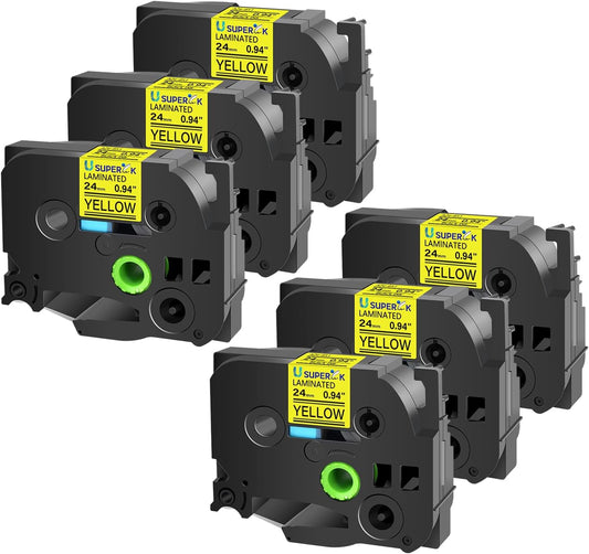 6PK 24mm Yellow Label Tape Compatible for Brother P-Touch Label Maker Tape TZe-651 1 Inch TZe TZ Tape TZ-651 TZe651 24mm 0.94'' Laminated Black on Yellow for PT-D600 D610BT P710BT P750W