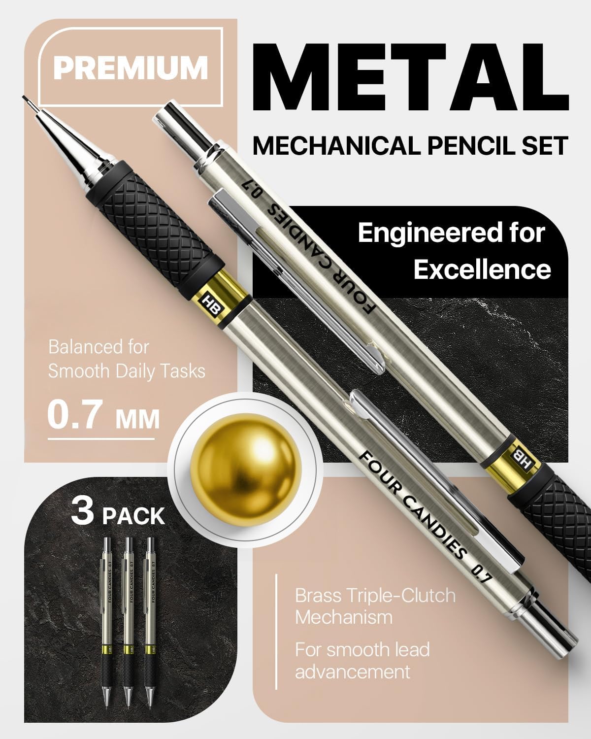 Four Candies Metal Mechanical Pencil Set - 3PCS 0.7mm Art Mechanical Pencils & 360PCS HB Lead Refills & 3PCS Erasers & 9PCS Eraser Refills, Drawing Mechanical Pencils for Writing, Sketching-With Case