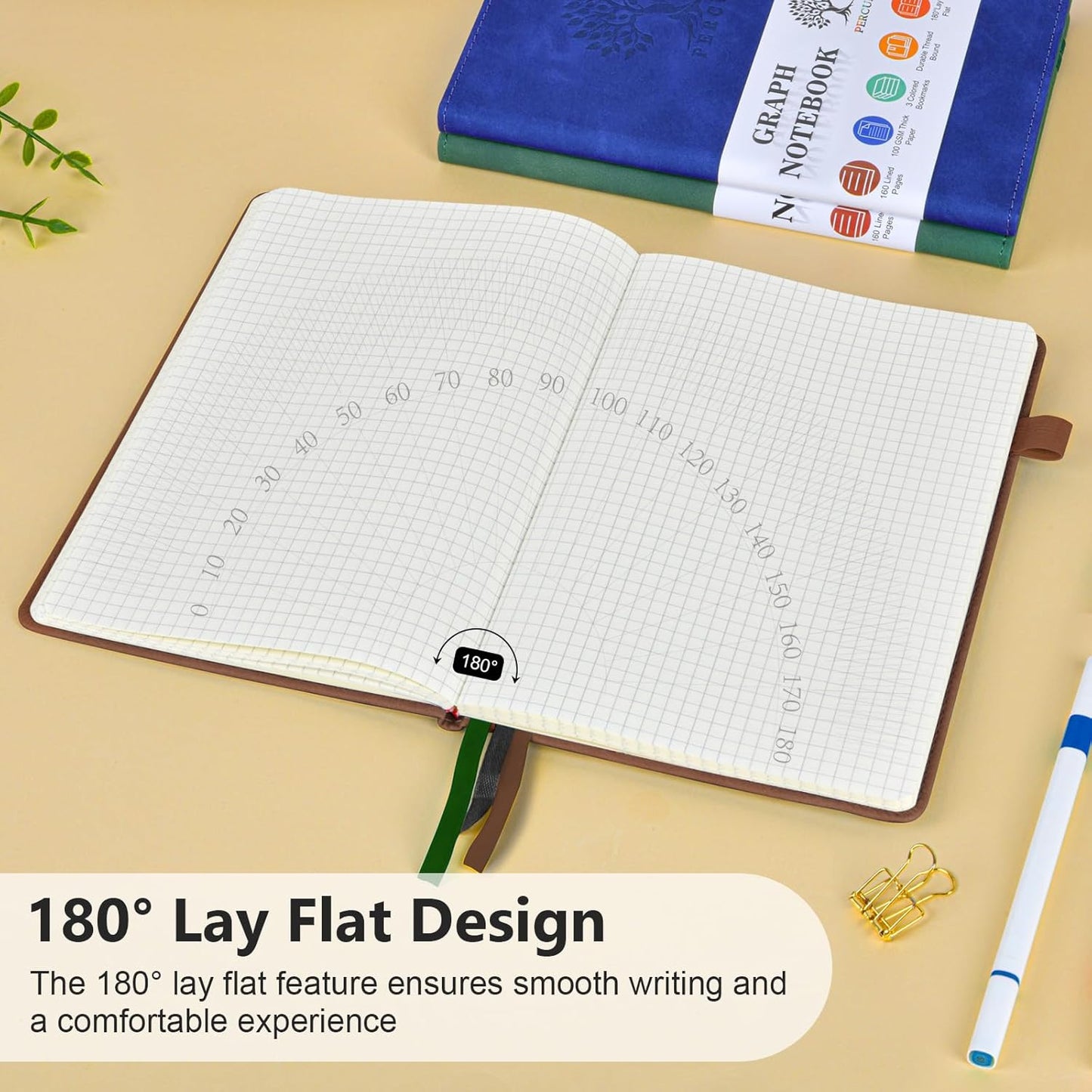 Graph Paper Notebook, 160 Pages Grid Journal for women & men, A5 Hardcover Leather Graphing Notebook for School, Work, Travel, Note Taking 5.9”x8.5” (Brown)